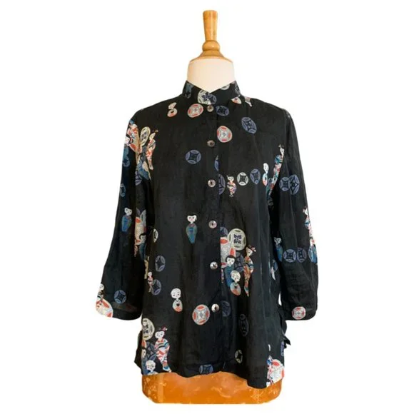 Citron Santa Monica Collared Geisha Print Linen Blouse - Picture 2 of 4